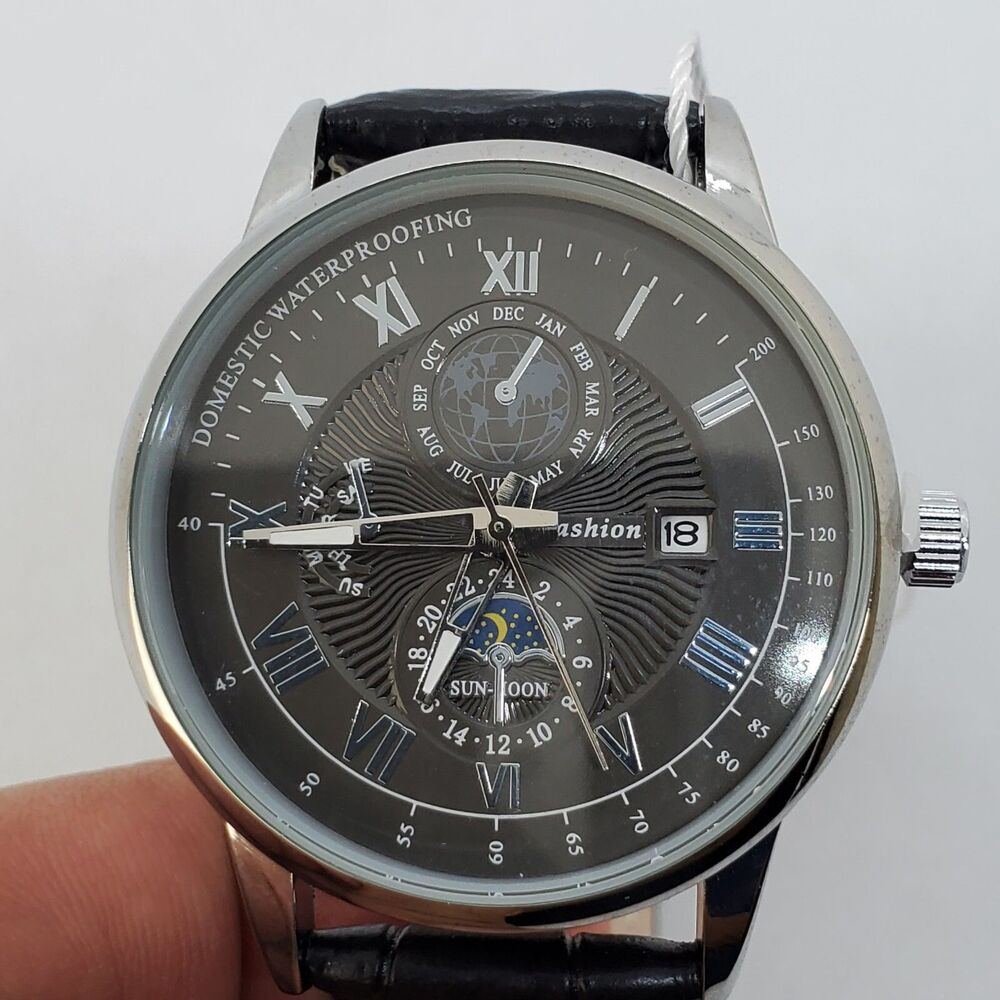 40MM Men's Watch Black Dial Gray Case Black Leather‎ Bands Roman Numerals Date